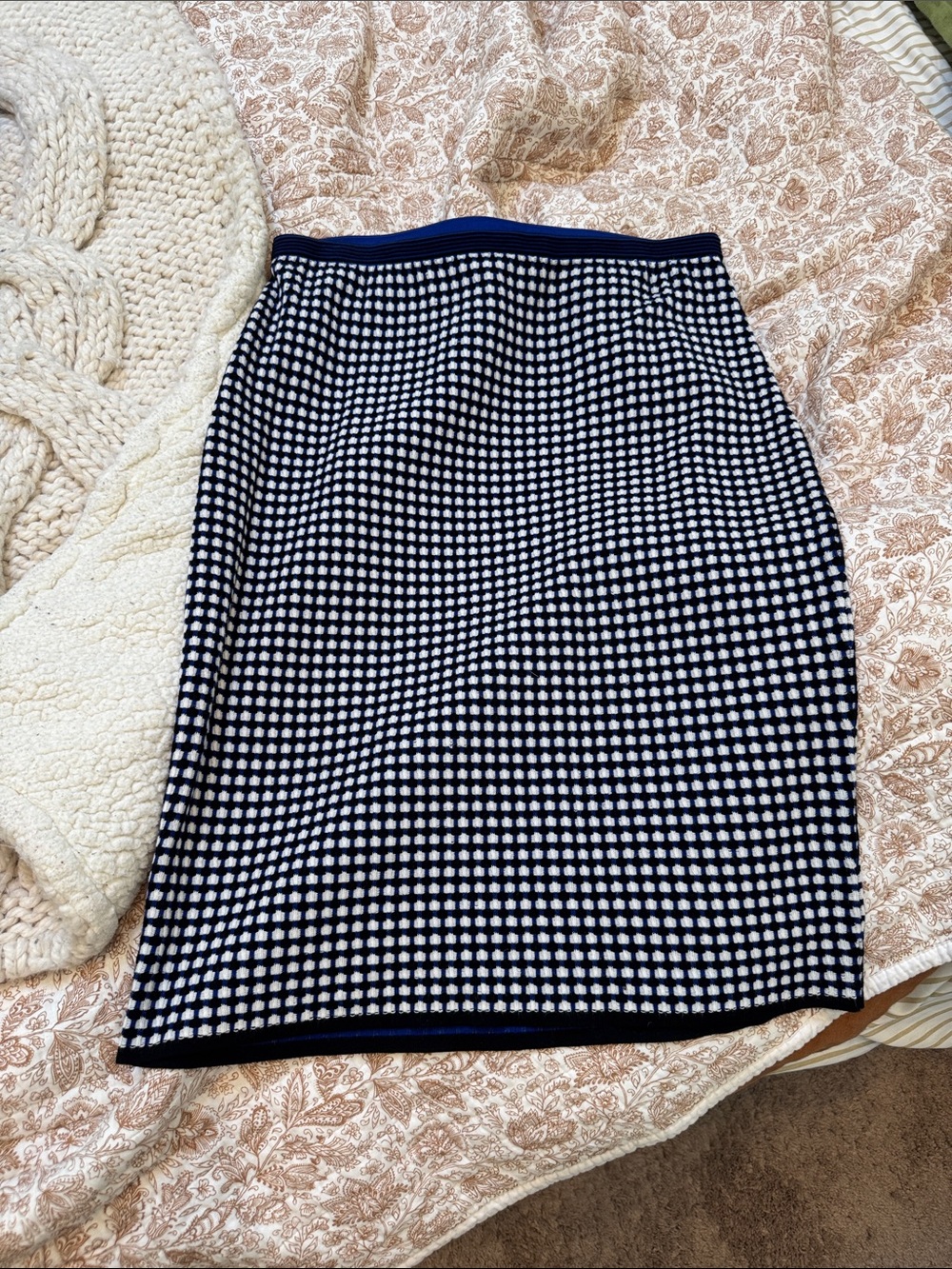 Diane Von Furstenberg Navy and White Checked Knit Pencil Skirt